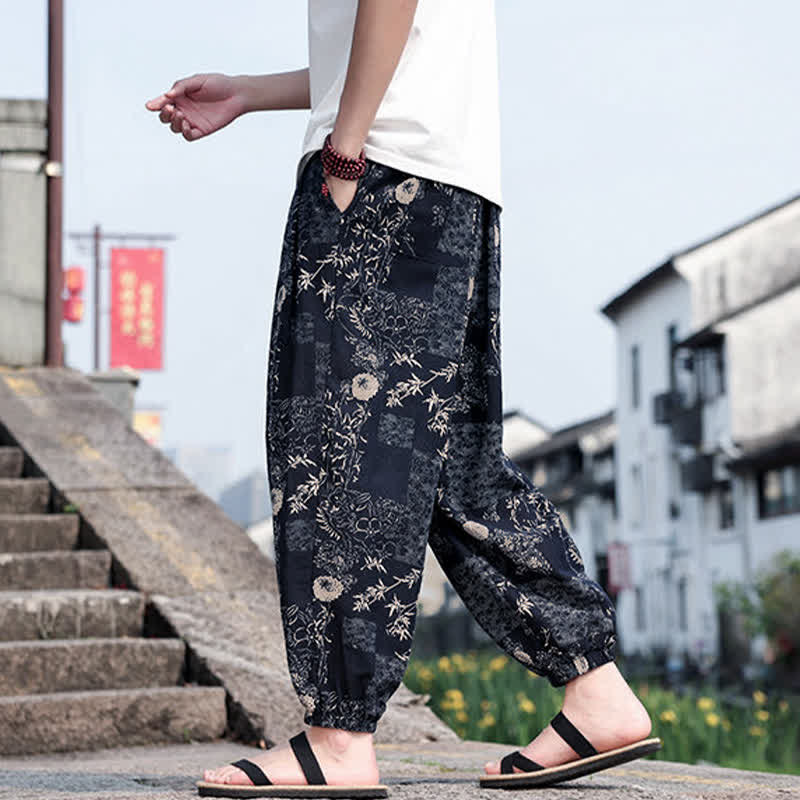 Buddha Stones Summer Boho Casual Drawstring Elephant Tree Print Cropped Pants Men's Harem Pants With Pockets - image 9