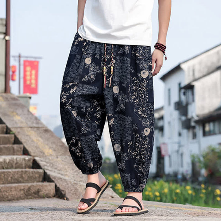 Buddha Stones Summer Boho Casual Drawstring Elephant Tree Print Cropped Pants Men's Harem Pants With Pockets - image 13
