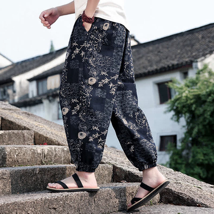 Buddha Stones Summer Boho Casual Drawstring Elephant Tree Print Cropped Pants Men's Harem Pants With Pockets - image 14