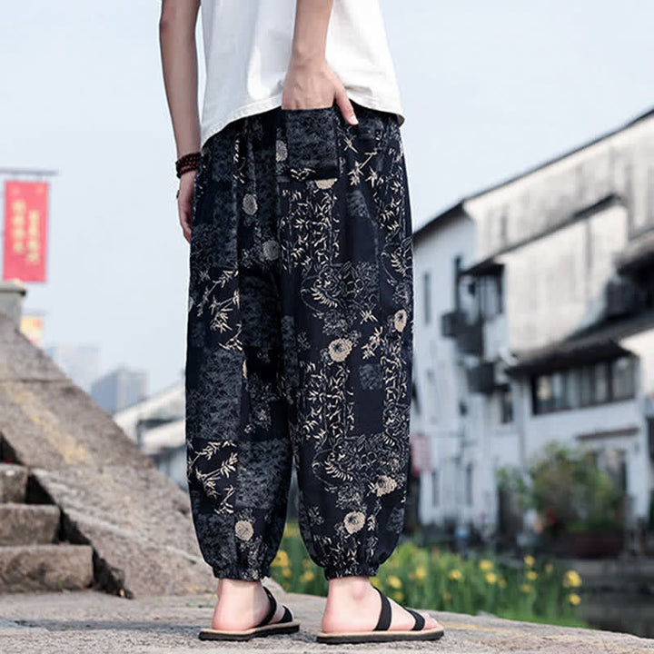 Buddha Stones Summer Boho Casual Drawstring Elephant Tree Print Cropped Pants Men's Harem Pants With Pockets - image 11