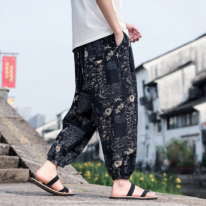 Buddha Stones Summer Boho Casual Drawstring Elephant Tree Print Cropped Pants Men's Harem Pants With Pockets - image 12