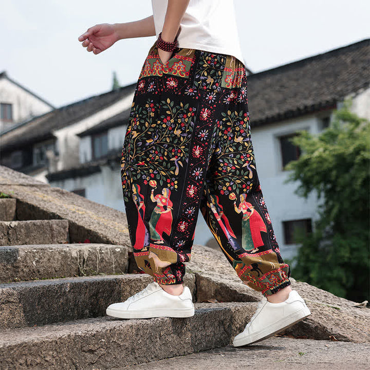 Buddha Stones Summer Boho Casual Drawstring Elephant Tree Print Cropped Pants Men's Harem Pants With Pockets - image 23