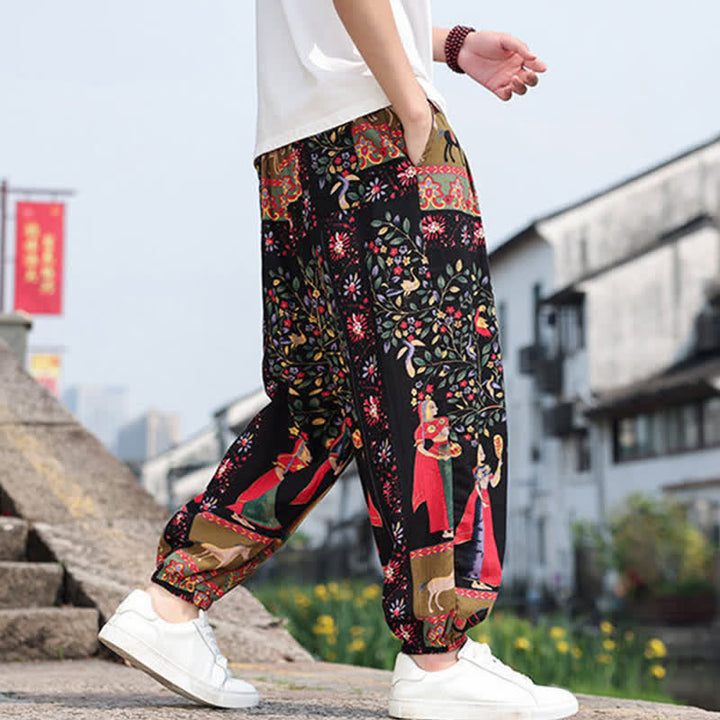 Buddha Stones Summer Boho Casual Drawstring Elephant Tree Print Cropped Pants Men's Harem Pants With Pockets - image 22