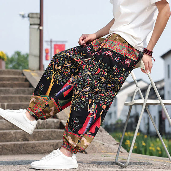Buddha Stones Summer Boho Casual Drawstring Elephant Tree Print Cropped Pants Men's Harem Pants With Pockets - image 28