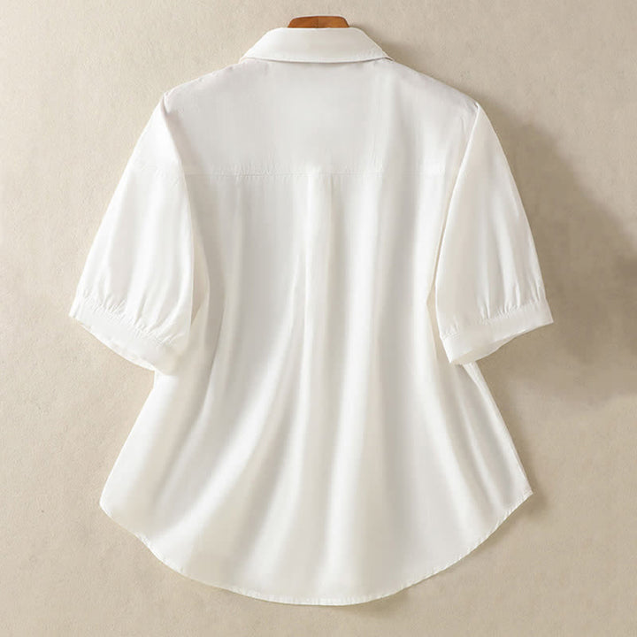 Buddha Stones Summer Casual Minimalist Button-Up Solid Women's Short Sleeve Shirts With Patch Pocket - image 7