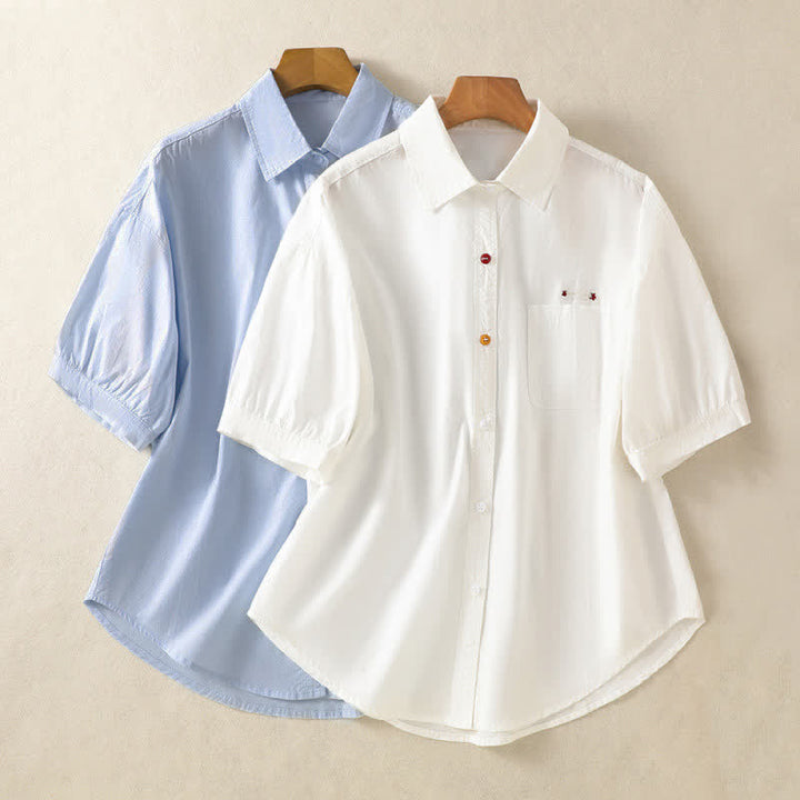 Buddha Stones Summer Casual Minimalist Button-Up Solid Women's Short Sleeve Shirts With Patch Pocket - image 13