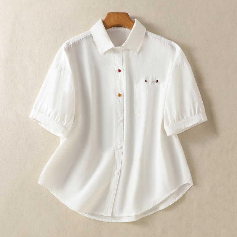 Buddha Stones Summer Casual Minimalist Button-Up Solid Women's Short Sleeve Shirts With Patch Pocket - White - US8-10, UK/AU12-14, EU40-42 (2XL) - image 6