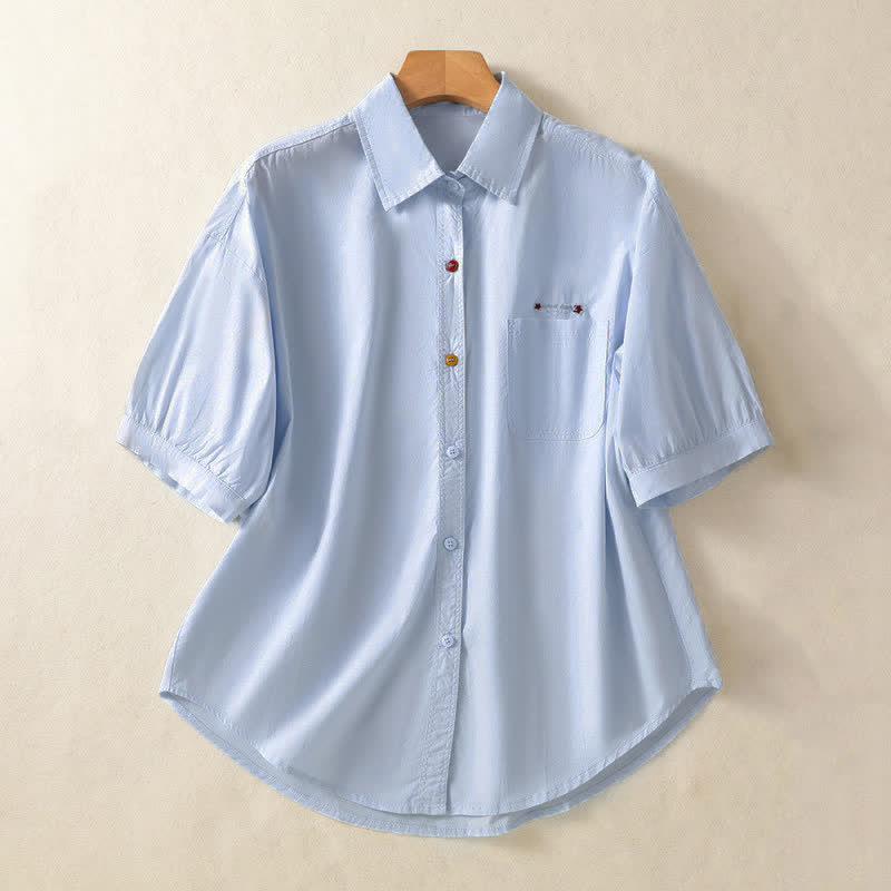 Buddha Stones Summer Casual Minimalist Button-Up Solid Women's Short Sleeve Shirts With Patch Pocket - LightBlue - US8-10, UK/AU12-14, EU40-42 (2XL) - image 0