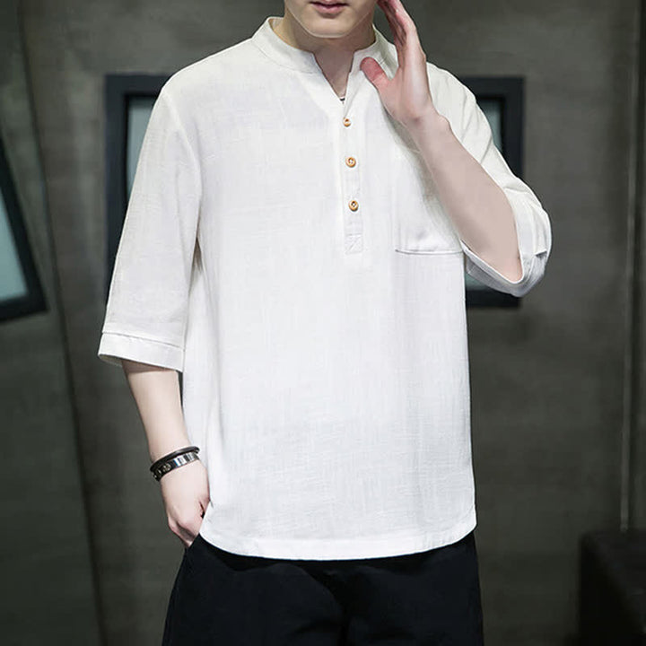 Buddha Stones Summer Casual Tang Style Mandarin Collar Solid Men's Short Sleeve Shirts With Patch Pocket - White - US/UK/AU46, EU56 (5XL) - image 0