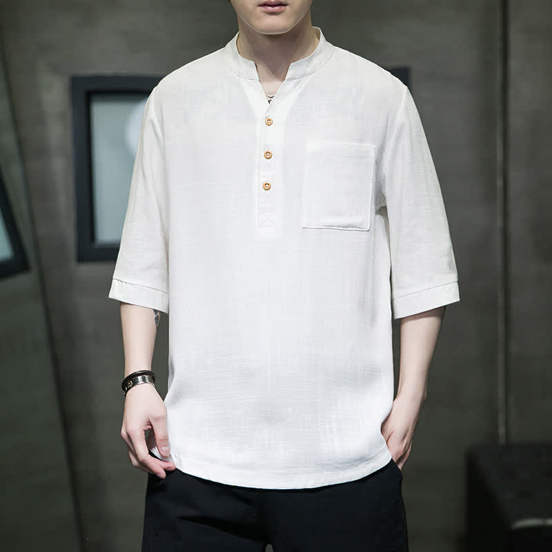 Buddha Stones Summer Casual Tang Style Mandarin Collar Solid Men's Short Sleeve Shirts With Patch Pocket - image 1