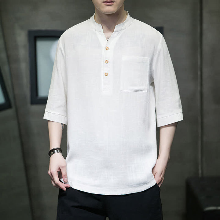 Buddha Stones Summer Casual Tang Style Mandarin Collar Solid Men's Short Sleeve Shirts With Patch Pocket - image 1