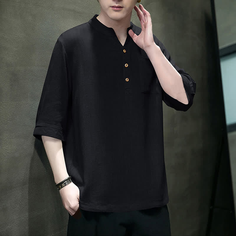 Buddha Stones Summer Casual Tang Style Mandarin Collar Solid Men's Short Sleeve Shirts With Patch Pocket - image 7