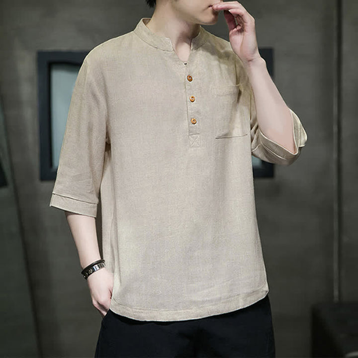 Buddha Stones Summer Casual Tang Style Mandarin Collar Solid Men's Short Sleeve Shirts With Patch Pocket - image 13