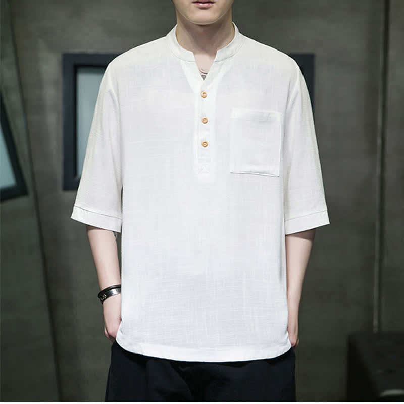 Buddha Stones Summer Casual Tang Style Mandarin Collar Solid Men's Short Sleeve Shirts With Patch Pocket - image 3