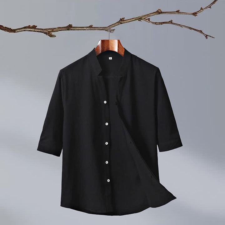 Buddha Stones Summer Tang Style Mandarin Collar Button-Up Solid Cotton Men's Short Sleeve Shirts - Black - US/UK/AU50, EU60 (7XL) - image 1