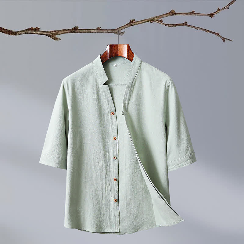 Buddha Stones Summer Tang Style Mandarin Collar Button-Up Solid Cotton Men's Short Sleeve Shirts - Honeydew - US/UK/AU50, EU60 (7XL) - image 2
