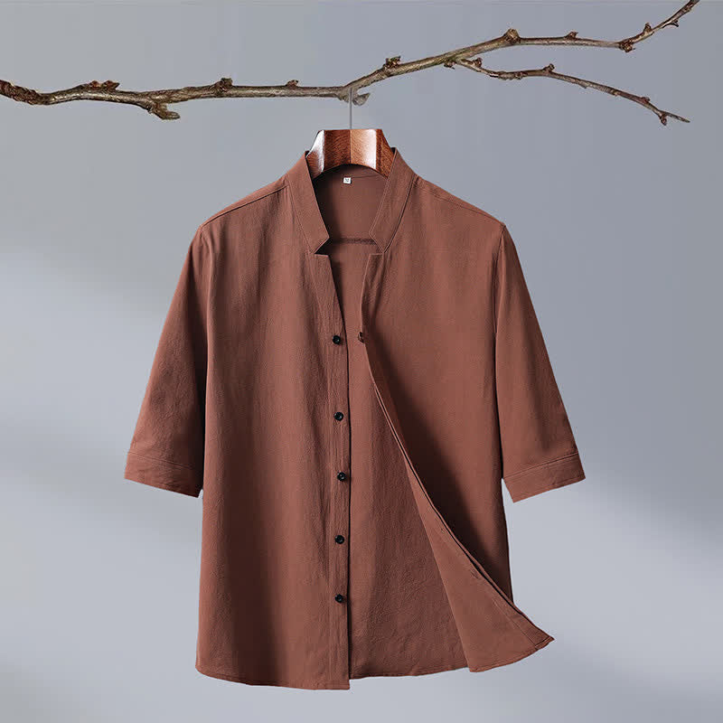 Buddha Stones Summer Tang Style Mandarin Collar Button-Up Solid Cotton Men's Short Sleeve Shirts - Peru - US/UK/AU50, EU60 (7XL) - image 0
