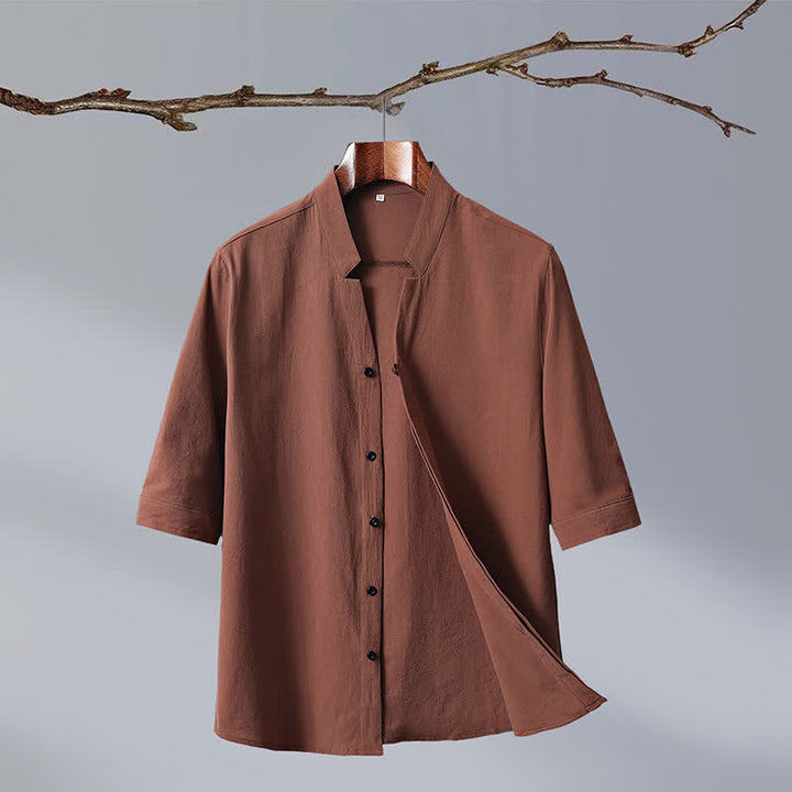Buddha Stones Summer Tang Style Mandarin Collar Button-Up Solid Cotton Men's Short Sleeve Shirts - Peru - US/UK/AU50, EU60 (7XL) - image 0