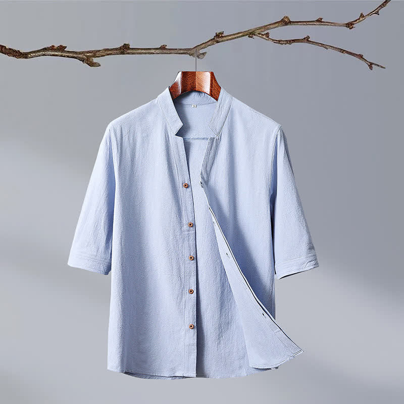 Buddha Stones Summer Tang Style Mandarin Collar Button-Up Solid Cotton Men's Short Sleeve Shirts - PowderBlue - US/UK/AU50, EU60 (7XL) - image 3
