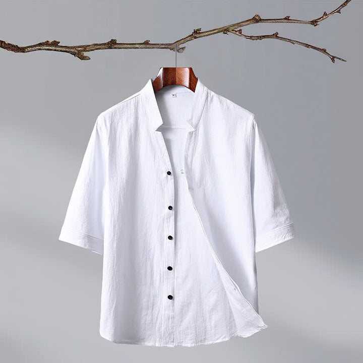 Buddha Stones Summer Tang Style Mandarin Collar Button-Up Solid Cotton Men's Short Sleeve Shirts - White - US/UK/AU50, EU60 (7XL) - image 14