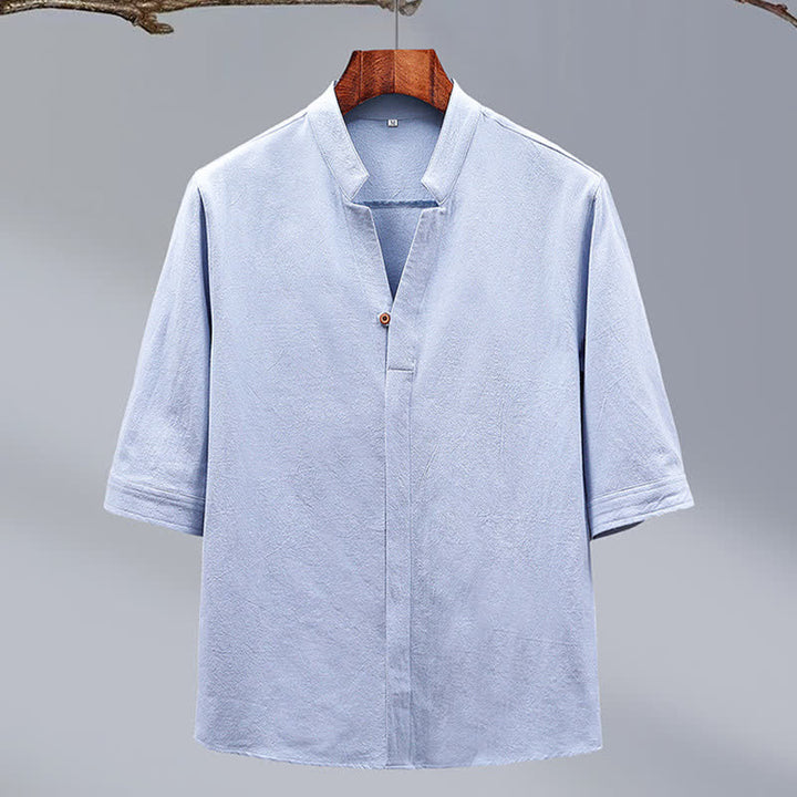 Buddha Stones Summer Tang Style Mandarin Collar Button-Up Solid Cotton Men's Short Sleeve Shirts - image 4