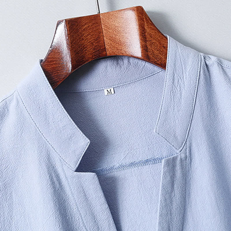 Buddha Stones Summer Tang Style Mandarin Collar Button-Up Solid Cotton Men's Short Sleeve Shirts - image 7