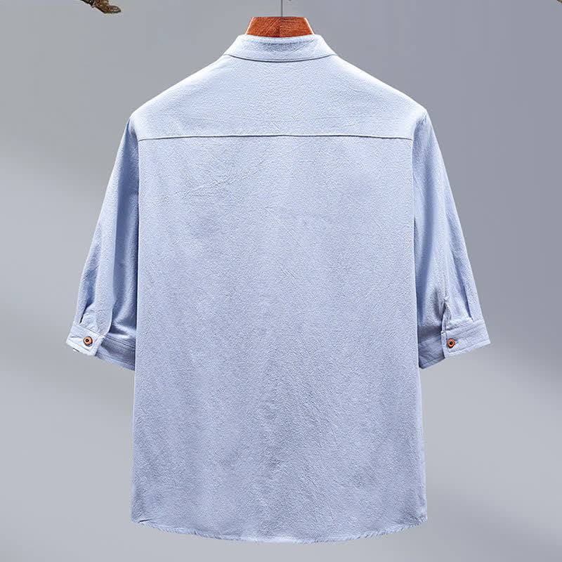 Buddha Stones Summer Tang Style Mandarin Collar Button-Up Solid Cotton Men's Short Sleeve Shirts - image 5