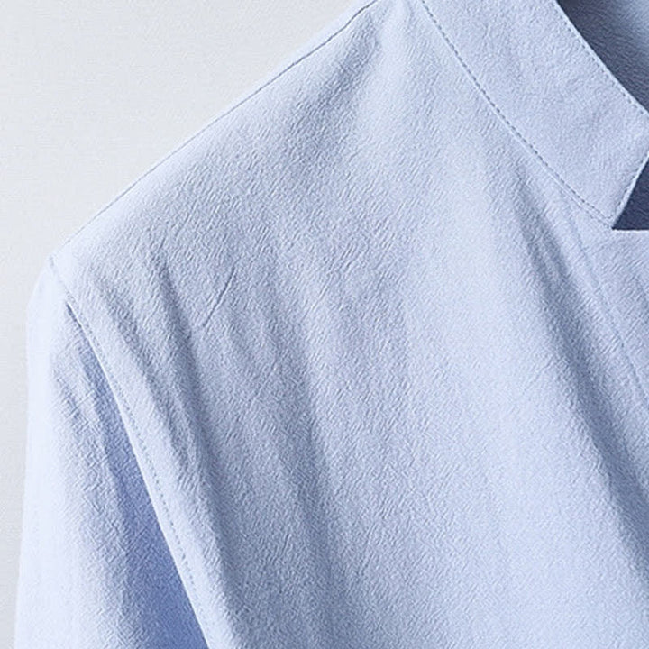 Buddha Stones Summer Tang Style Mandarin Collar Button-Up Solid Cotton Men's Short Sleeve Shirts - image 6