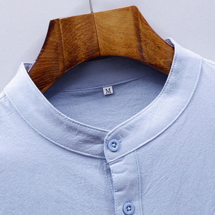 Buddha Stones Summer Tang Style Casual Mandarin Collar Solid Cotton Men's Short Sleeve Shirts With Patch Pocket - image 5