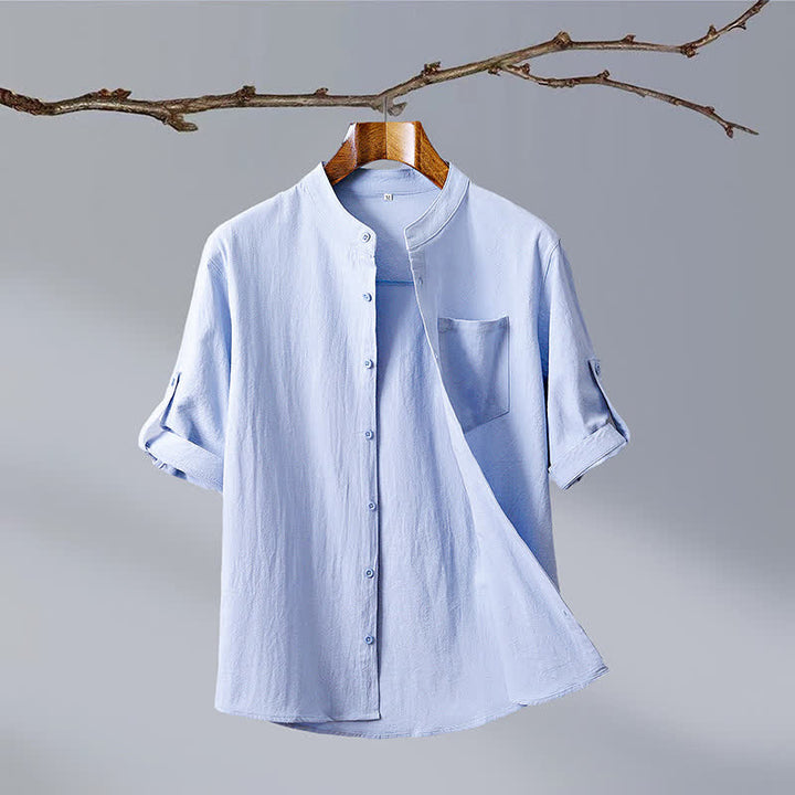 Buddha Stones Summer Tang Style Casual Mandarin Collar Solid Cotton Men's Short Sleeve Shirts With Patch Pocket - PowderBlue - US/UK/AU46, EU56 (5XL) - image 1