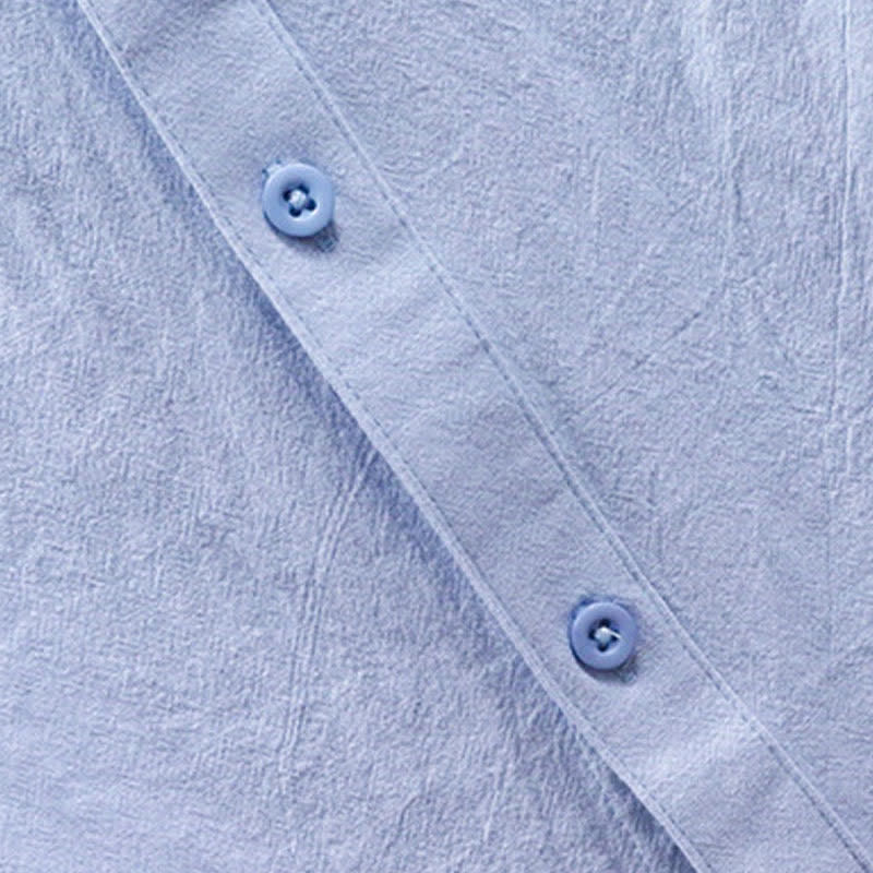 Buddha Stones Summer Tang Style Casual Mandarin Collar Solid Cotton Men's Short Sleeve Shirts With Patch Pocket - image 6