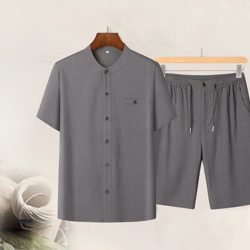 Buddha Stones Summer Casual Mandarin Collar Solid Short Sleeve Shirt Drawstring Pants Men's Matching Sets With Pockets - Dark Gray Shirt + Pants - US/UK/AU46，EU56 (5XL) - image 0