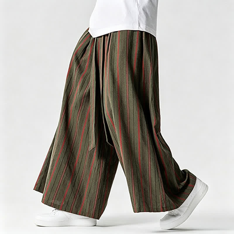 Buddha Stones Summer Vintage Drawstring Striped Ankle Pants Men's Wide Leg Pants With Pocket - DarkOliveGreen - US/UK/AU42，EU52 (3XL) - image 0