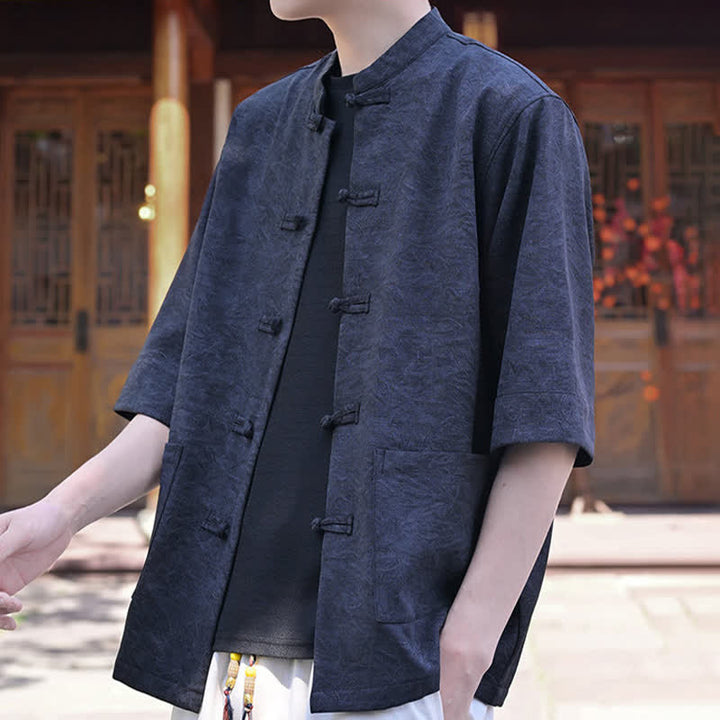 Buddha Stones Summer Tang Style Mandarin Collar Frog Button Solid Men's Short Sleeve Shirts With Pocket - image 11