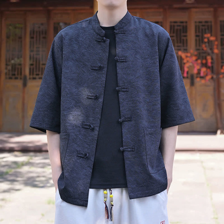 Buddha Stones Summer Tang Style Mandarin Collar Frog Button Solid Men's Short Sleeve Shirts With Pocket - image 12