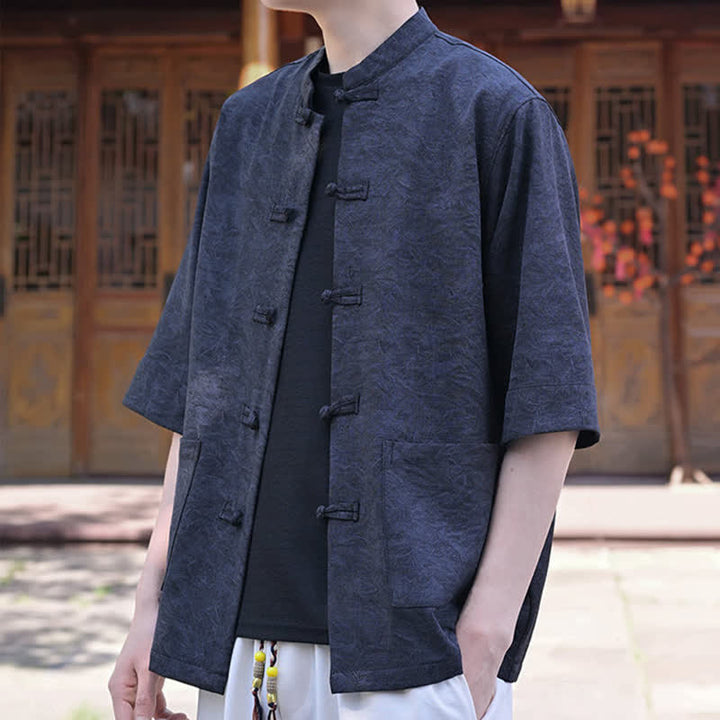 Buddha Stones Summer Tang Style Mandarin Collar Frog Button Solid Men's Short Sleeve Shirts With Pocket - image 10