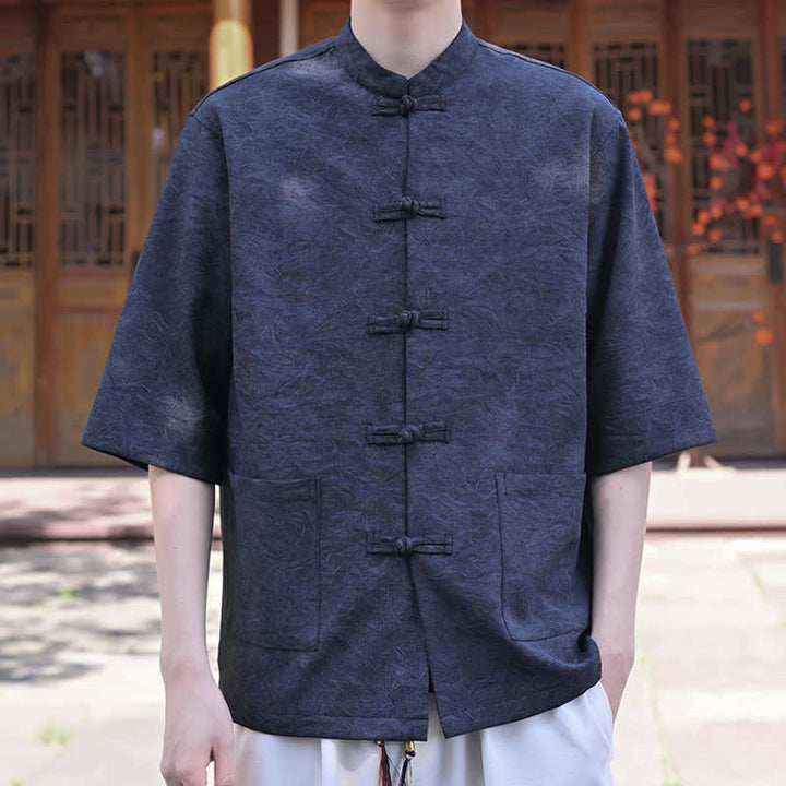 Buddha Stones Summer Tang Style Mandarin Collar Frog Button Solid Men's Short Sleeve Shirts With Pocket - MidnightBlue - US/UK/AU46，EU56 (5XL) - image 7