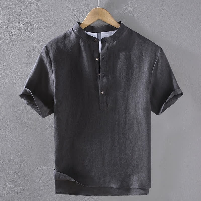 Buddha Stones Summer Tang Style Casual Mandarin Collar Solid Linen Men's Short Sleeve Shirts - DarkSlateGray - US/UK/AU42，EU52 (3XL) - image 12