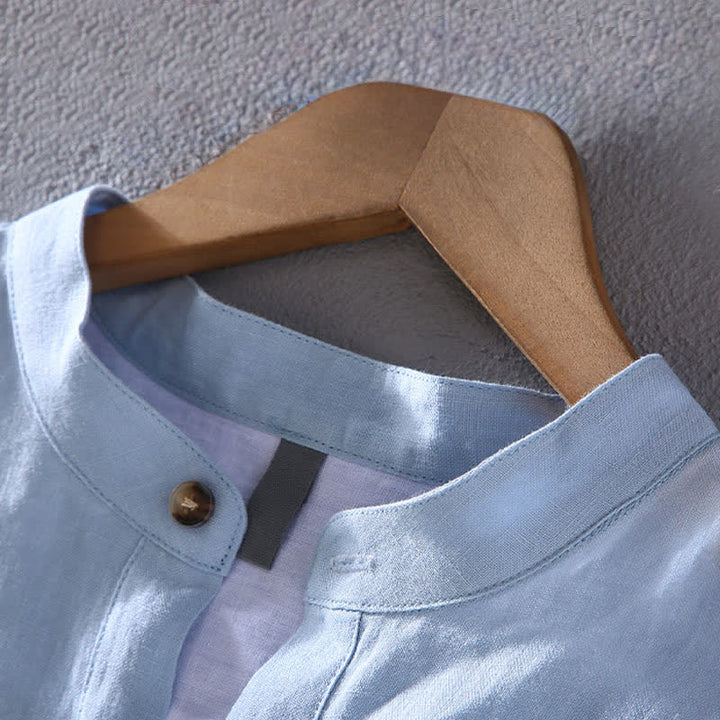 Buddha Stones Summer Tang Style Casual Mandarin Collar Solid Linen Men's Short Sleeve Shirts - image 4