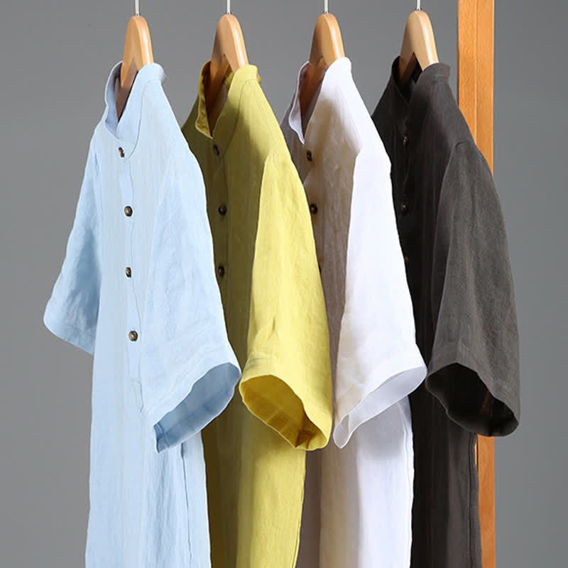 Buddha Stones Summer Tang Style Casual Mandarin Collar Solid Linen Men's Short Sleeve Shirts - image 16