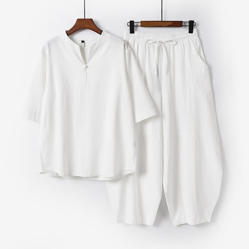 Buddha Stones 2Pcs Spring Summer Casual Tang Style Drawstring Solid Shirt Cropped Pants Men's Meditation Cloth With Pocket - White - US/UK/AU54，EU64 (9XL) - image 15