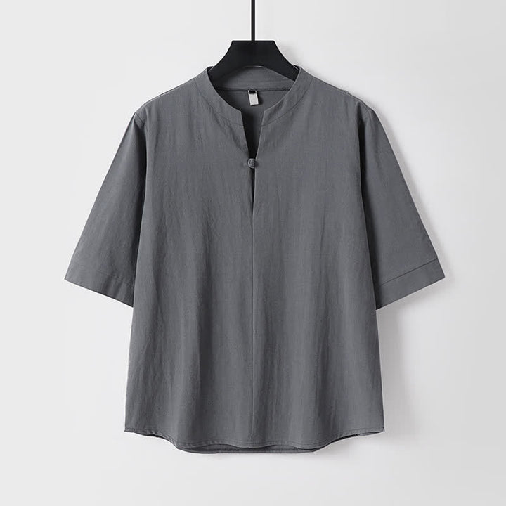 Buddha Stones 2Pcs Spring Summer Casual Tang Style Drawstring Solid Shirt Cropped Pants Men's Meditation Cloth With Pocket - image 1