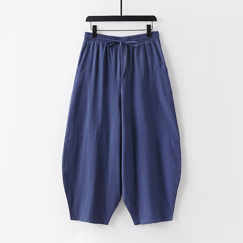 Buddha Stones 2Pcs Spring Summer Casual Tang Style Drawstring Solid Shirt Cropped Pants Men's Meditation Cloth With Pocket - image 9