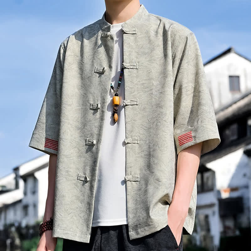 Buddha Stones Summer Tang Style Mandarin Collar Frog Button Solid Men's Short Sleeve Shirts - image 4