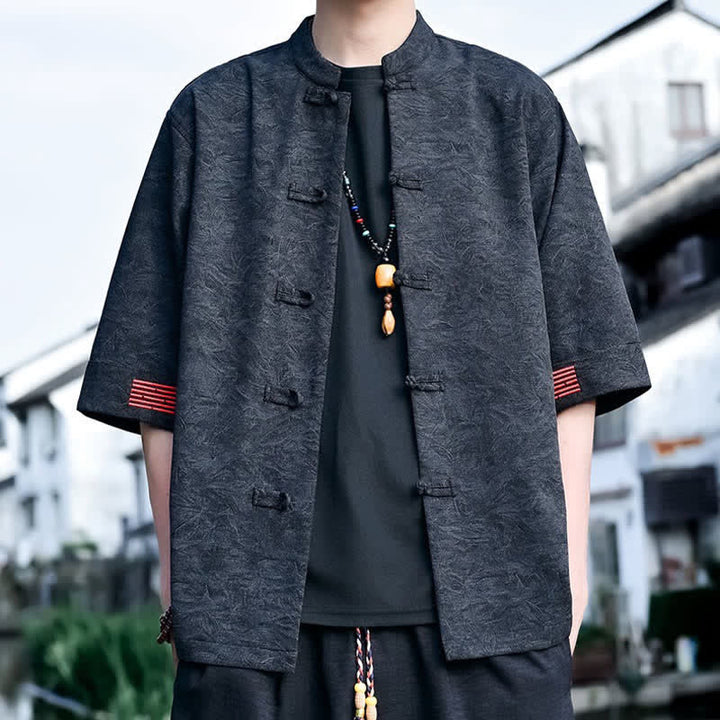 Buddha Stones Summer Tang Style Mandarin Collar Frog Button Solid Men's Short Sleeve Shirts - Black - US/UK/AU46，EU56 (5XL) - image 5