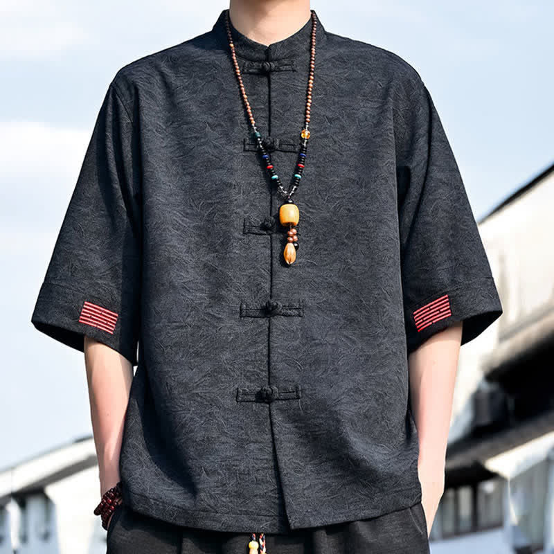 Buddha Stones Summer Tang Style Mandarin Collar Frog Button Solid Men's Short Sleeve Shirts - image 9