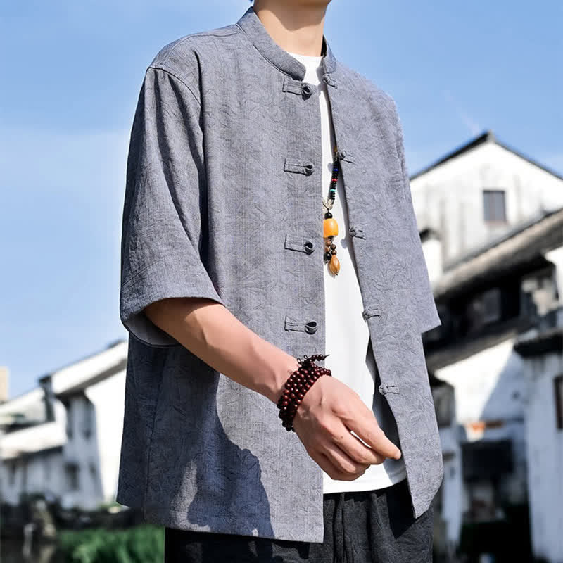 Buddha Stones Summer Tang Style Mandarin Collar Frog Button Solid Men's Short Sleeve Shirts - image 15