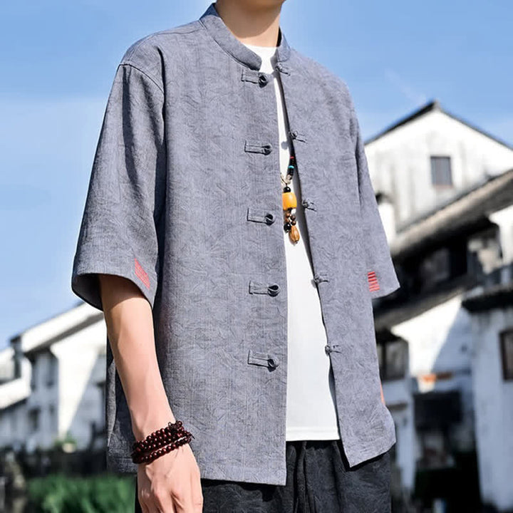 Buddha Stones Summer Tang Style Mandarin Collar Frog Button Solid Men's Short Sleeve Shirts - image 14