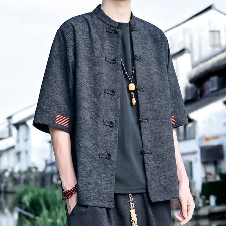 Buddha Stones Summer Tang Style Mandarin Collar Frog Button Solid Men's Short Sleeve Shirts - image 10