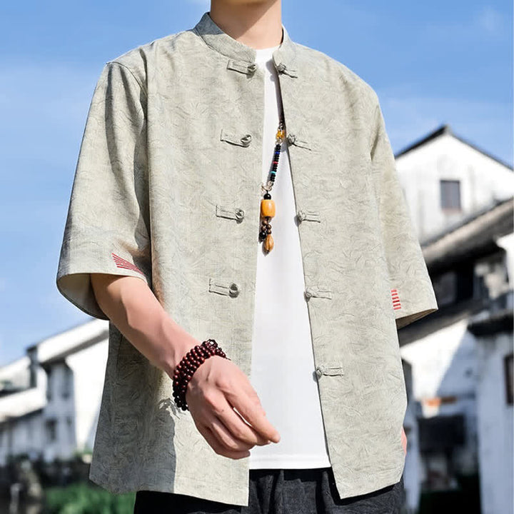 Buddha Stones Summer Tang Style Mandarin Collar Frog Button Solid Men's Short Sleeve Shirts - image 3